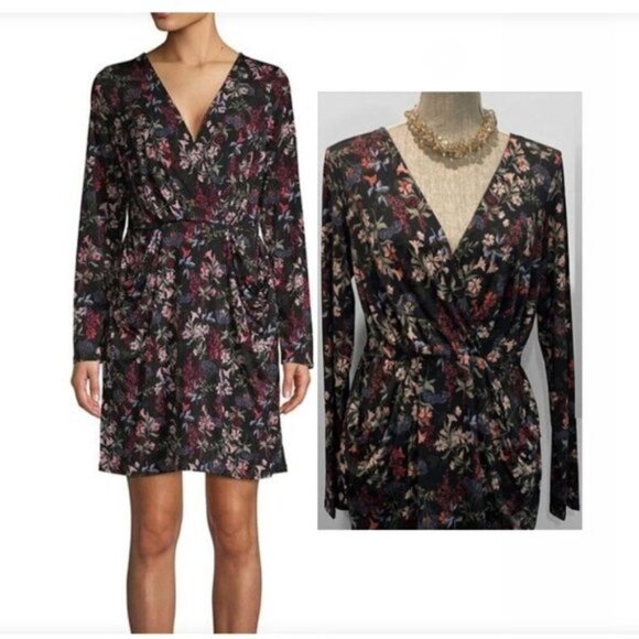 BCBG Floral Black Long Sleeve sheath Dress Size Medium - Picture 1 of 17